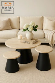 Modern Nesting Coffee Table Set 3-Piece Beige Marble Top with Black Cone Base for Living Rooms