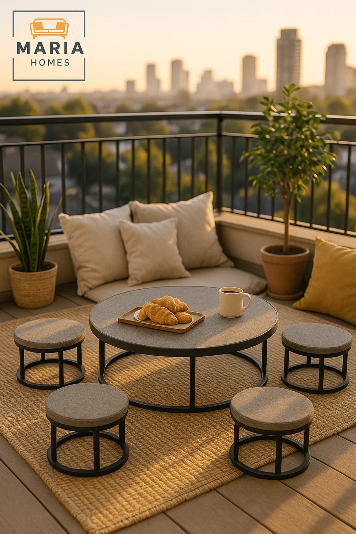 Modern Grey Round Coffee Table Set √ê Concrete Finish with Metal Base Living Room 5Piece