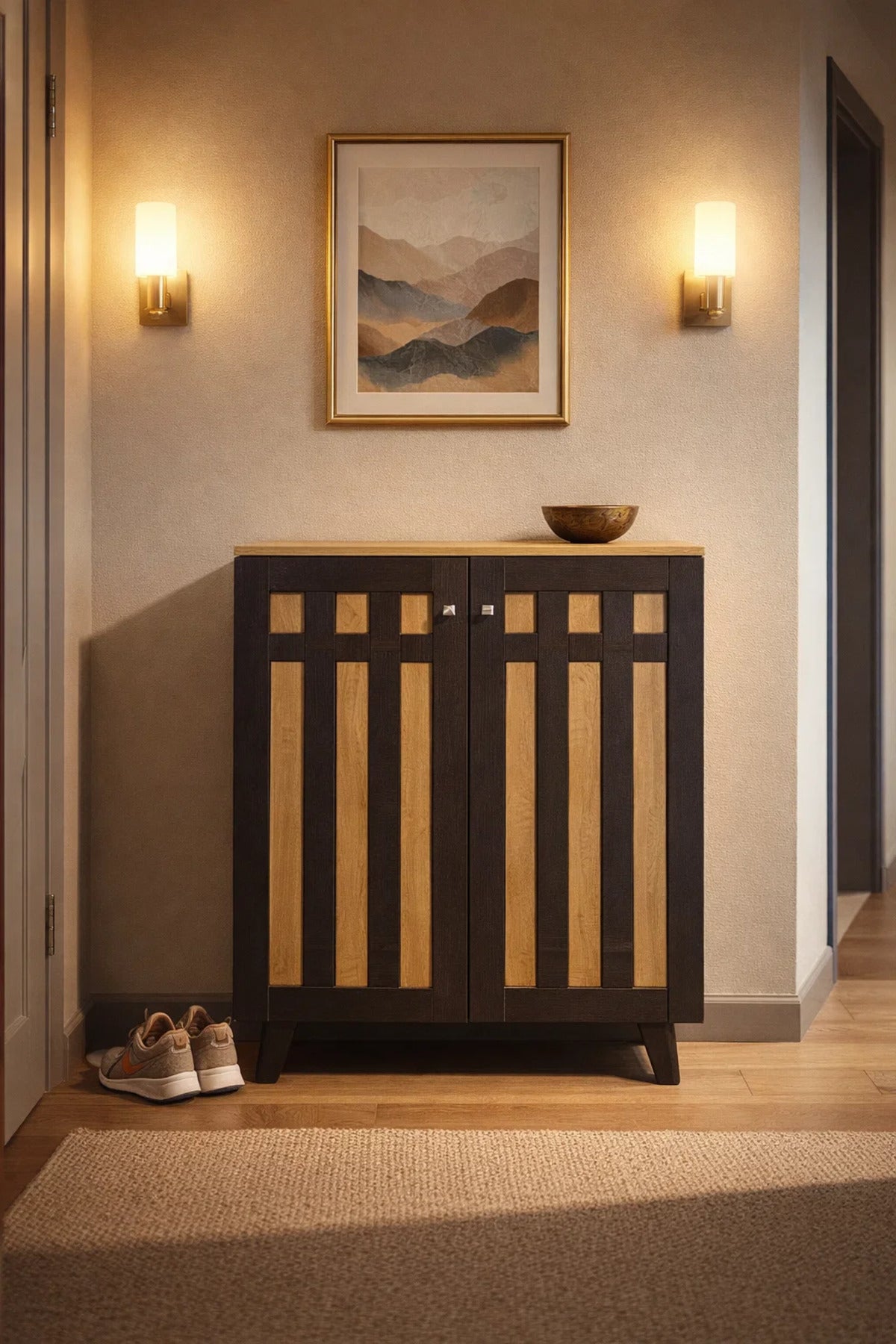 Modern Wooden Shoe Cabinet 2-Door Entryway Storage Organizer Rack Two-Tone Brown Finish 80cm