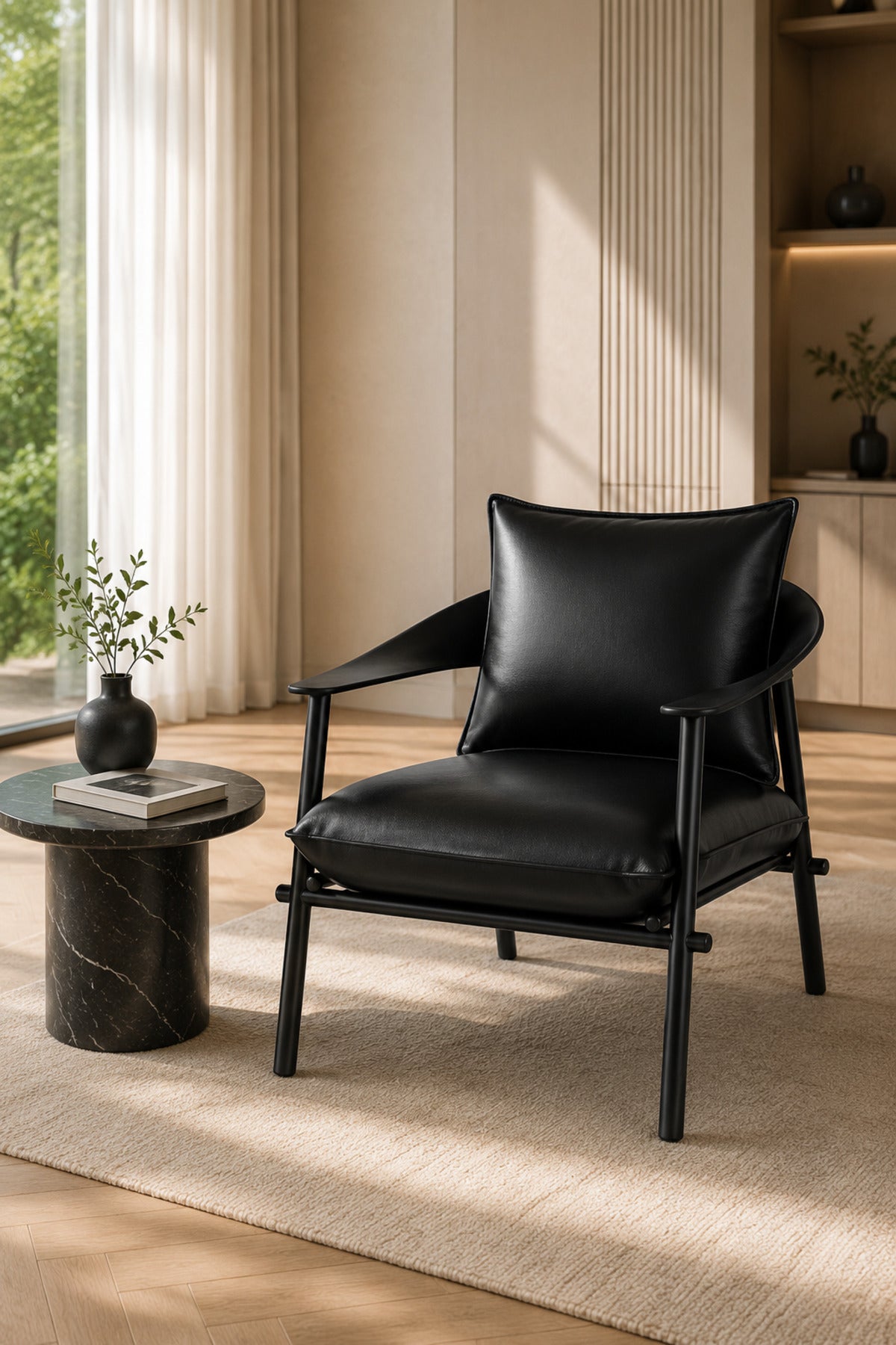 Modern Black Leather Look Accent Lounge Chair with Metal Frame | Contemporary Armchair