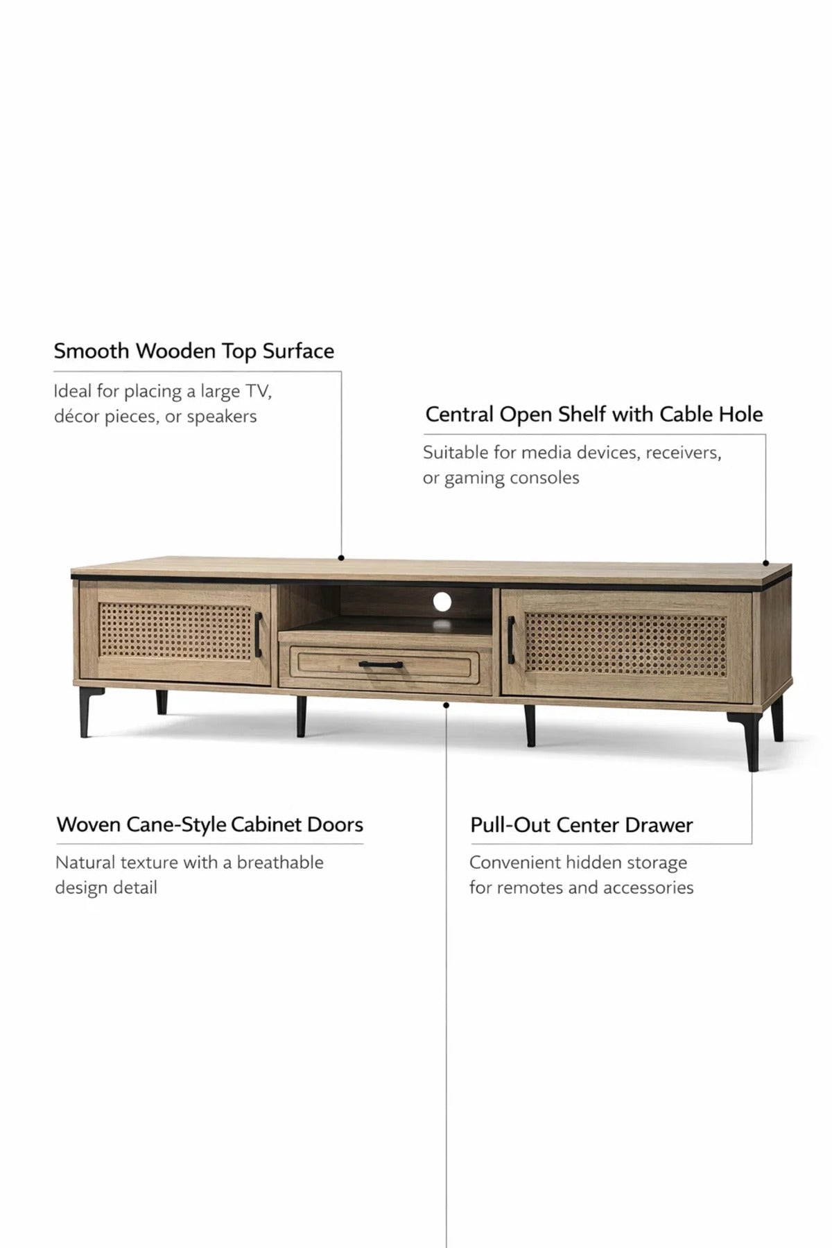 Natural Wood TV Stand √ê 180x40x46 cm Modern Plasma Table with Cabinets & Drawer