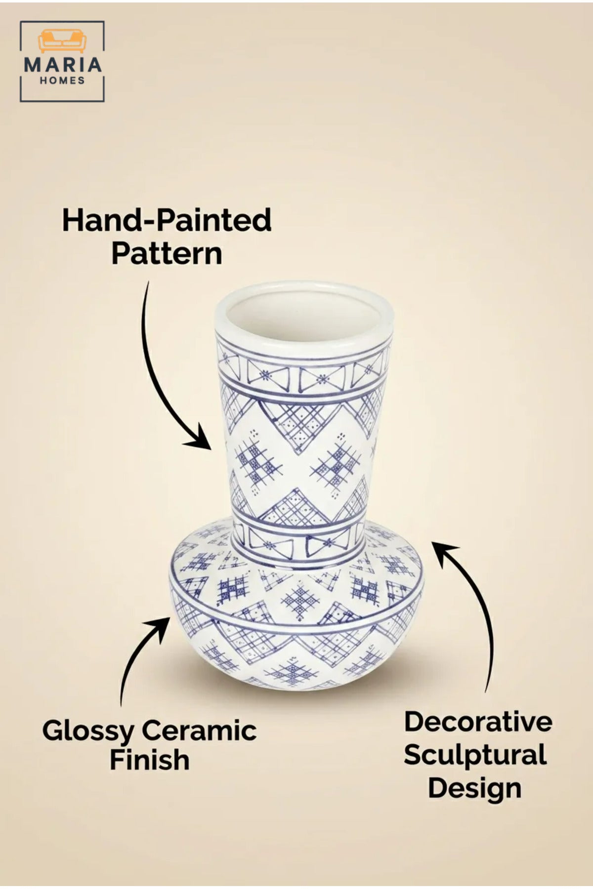 Blue and White Patterned Decorative Vase, Modern Ceramic Flower Holder with Rounded Base for Living Room, Bedroom, Office, Shelf and Table Décor