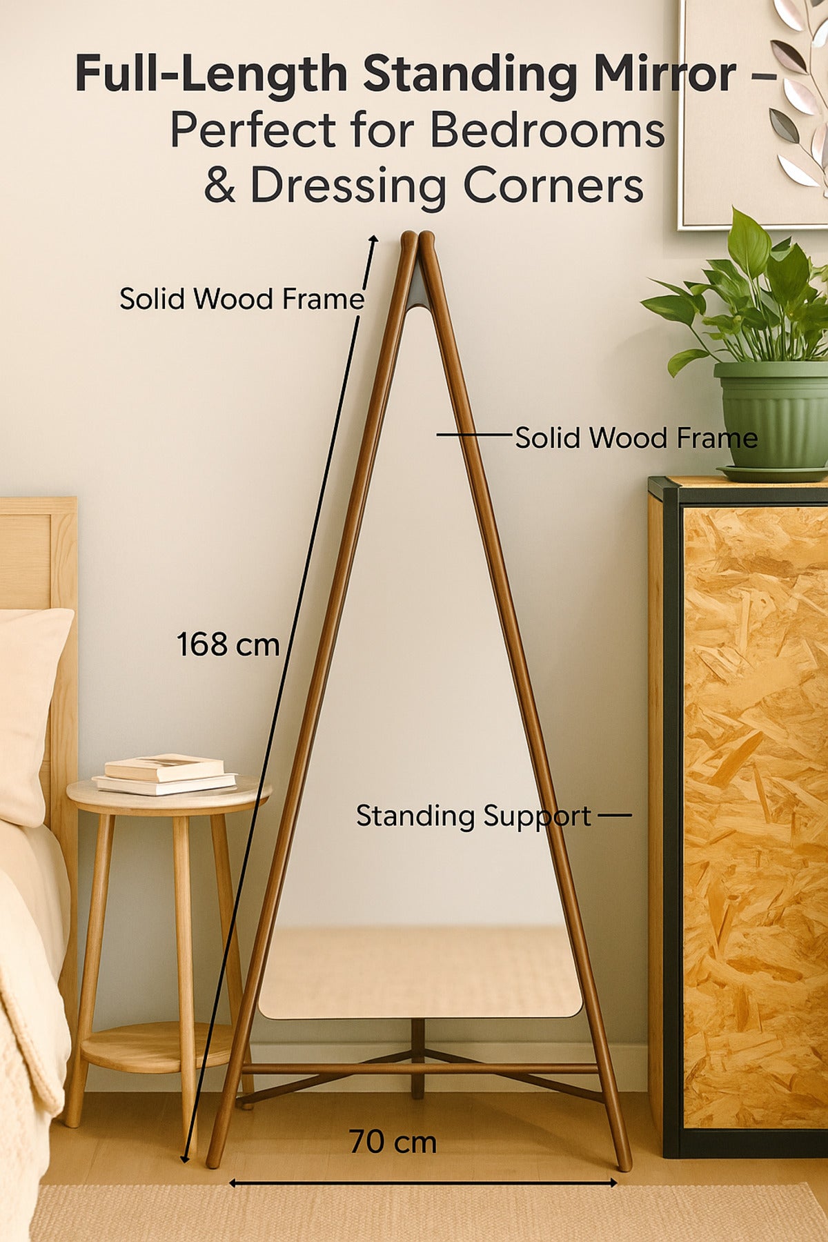 Wooden Floor Standing Mirror 168_70 cm Ð Full-Length Dressing Mirror with Modern Frame