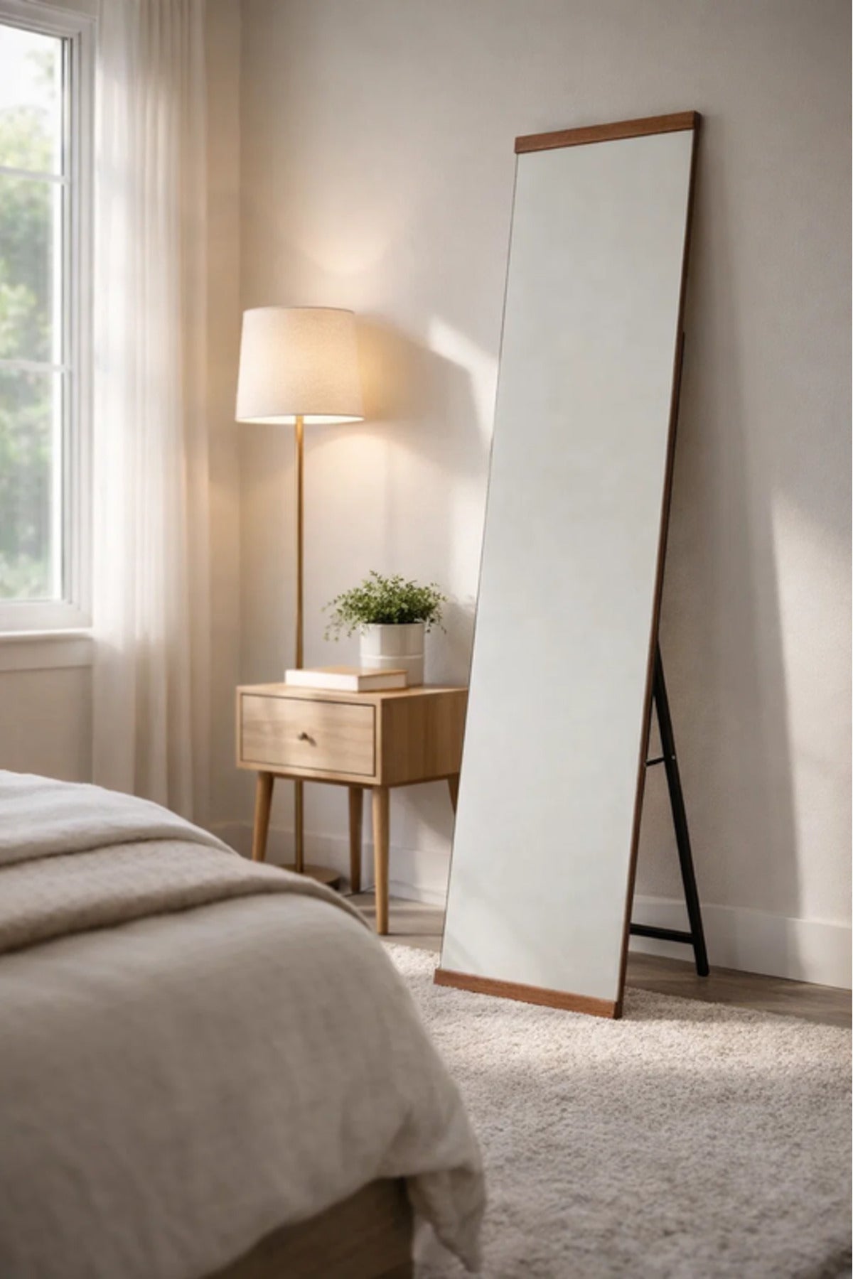 Brown Wood Frame Floor Mirror Full Length Standing Mirror for Bedroom