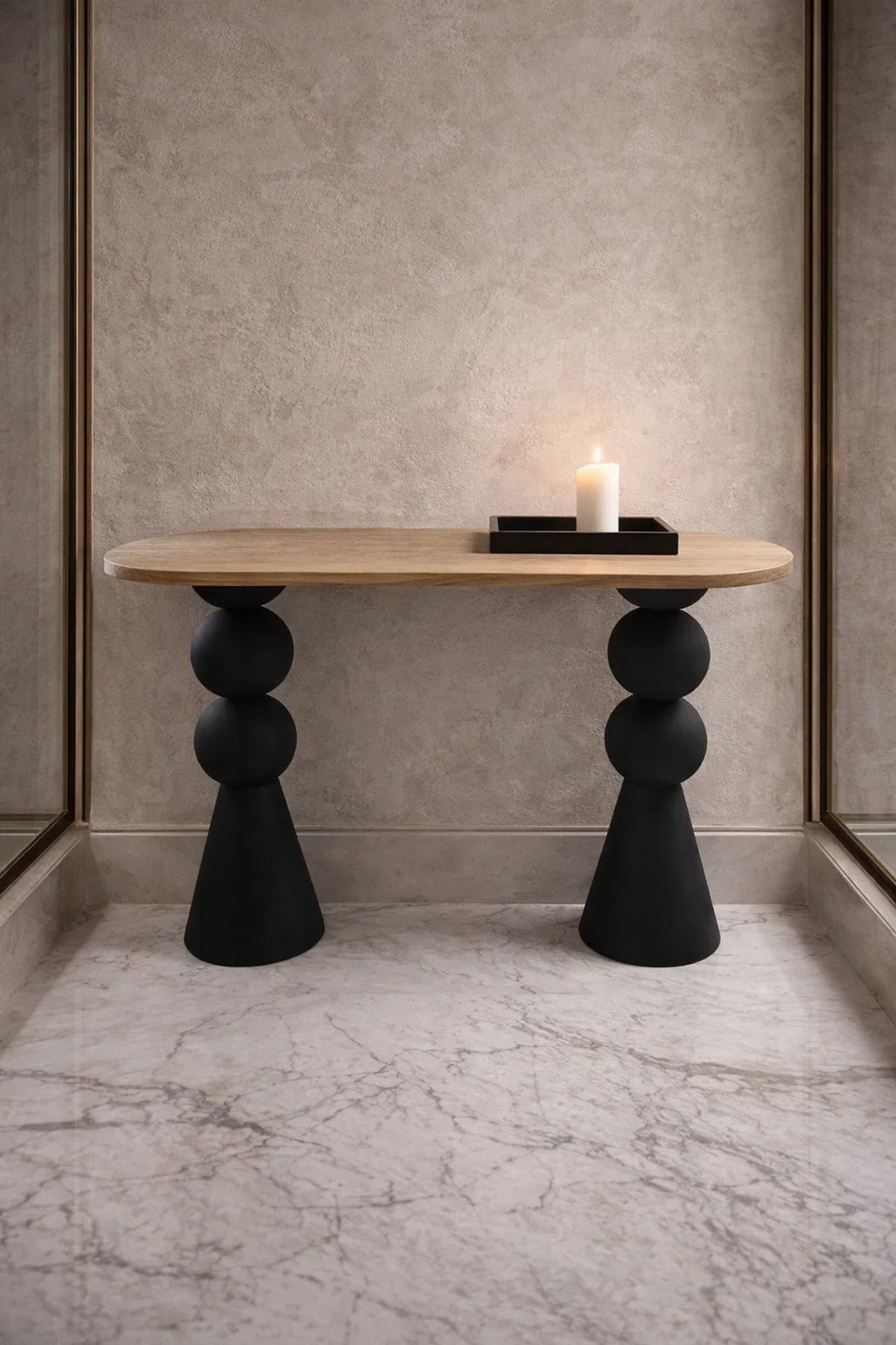 Modern Art Deco Console Table Wood Top Black Sculptural Legs for Living Room Entryway 120cm