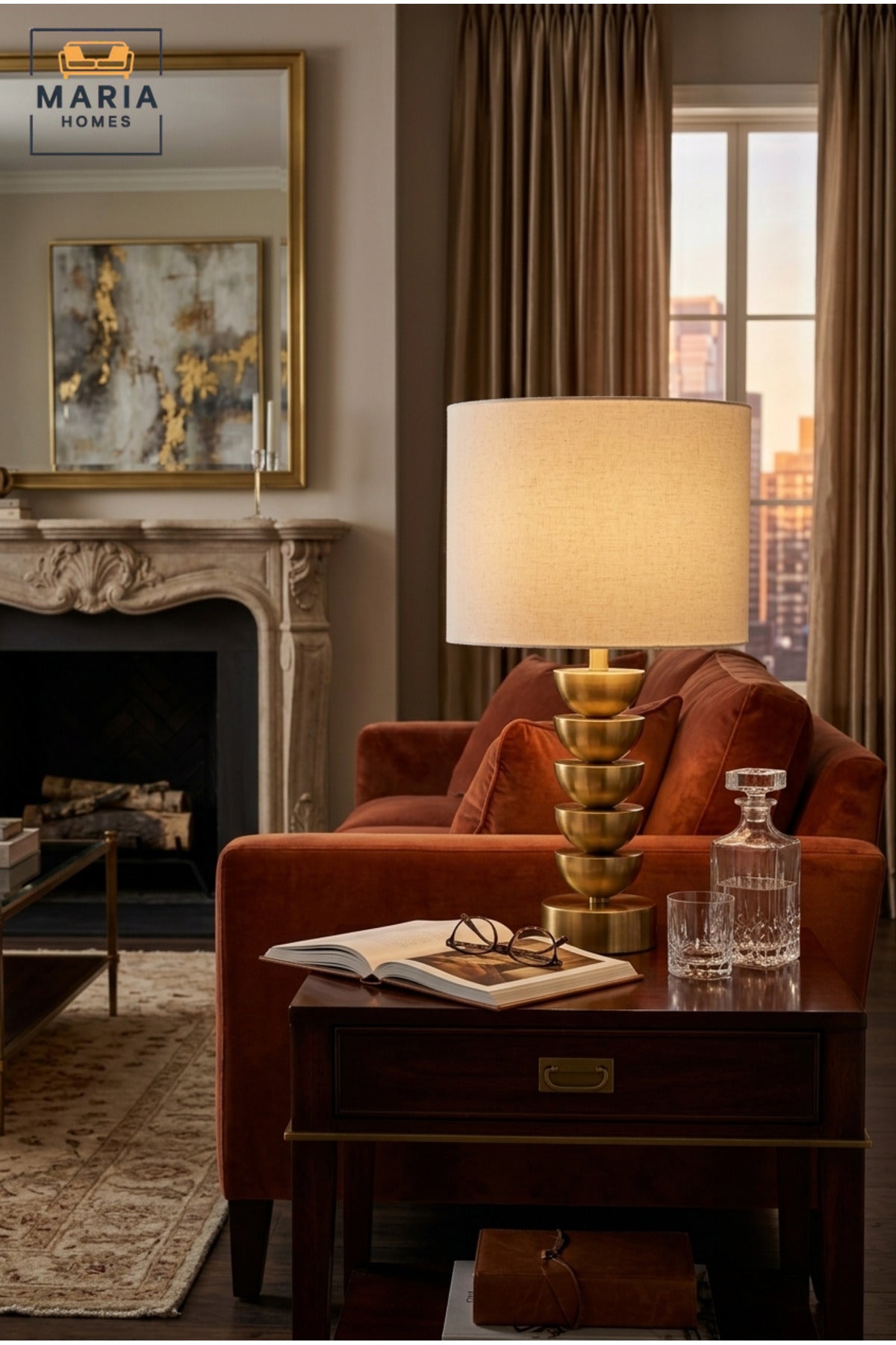 Modern Gold Table Lamp with Stacked Bowl Design and Fabric Drum Shade Decorative Bedside Light for Bedroom Living Room Office and Hotel Décor