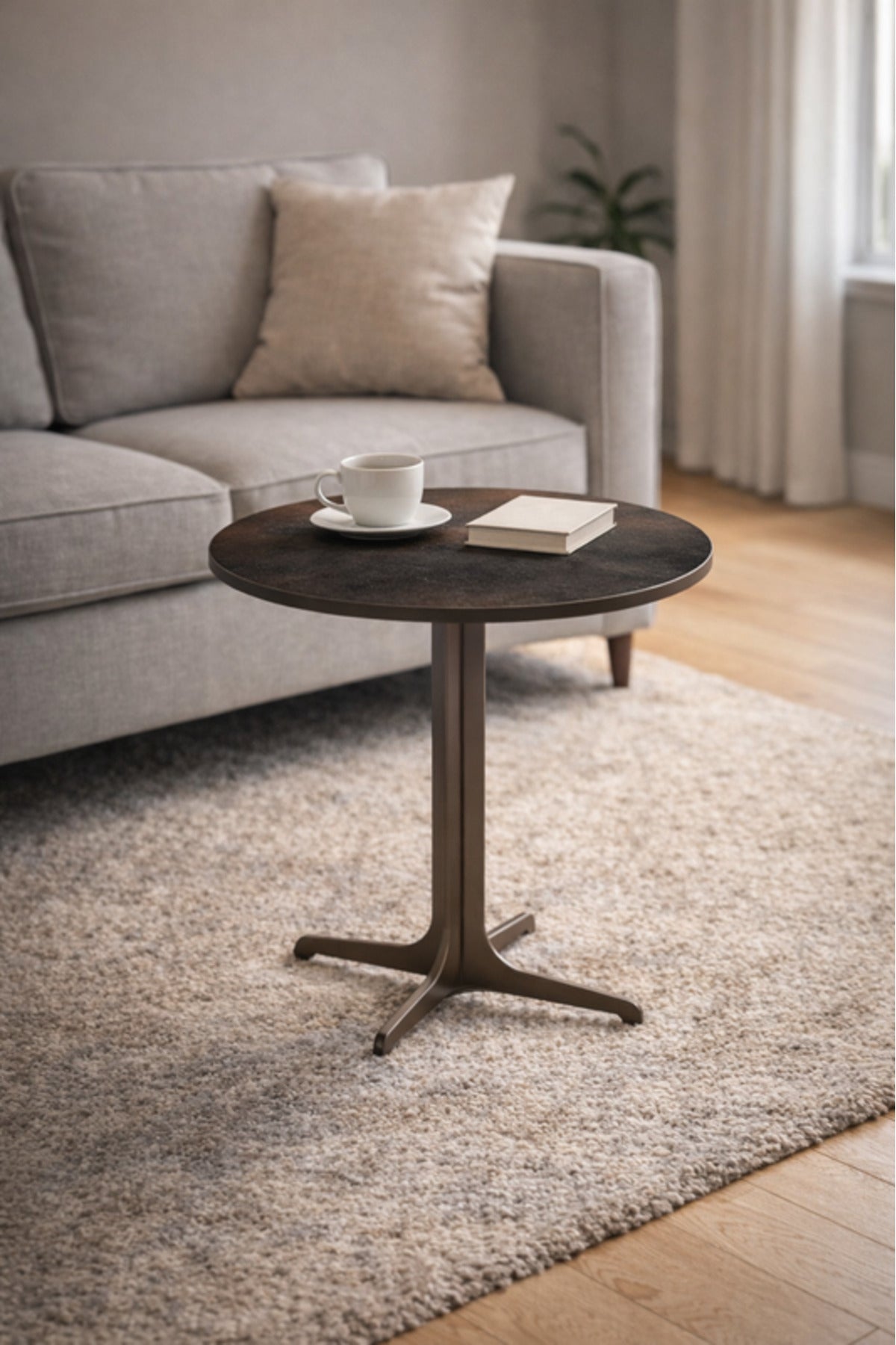 Round Brown Ceramic Side Table with Metal Base 45_45_55 cm Modern Accent round brown