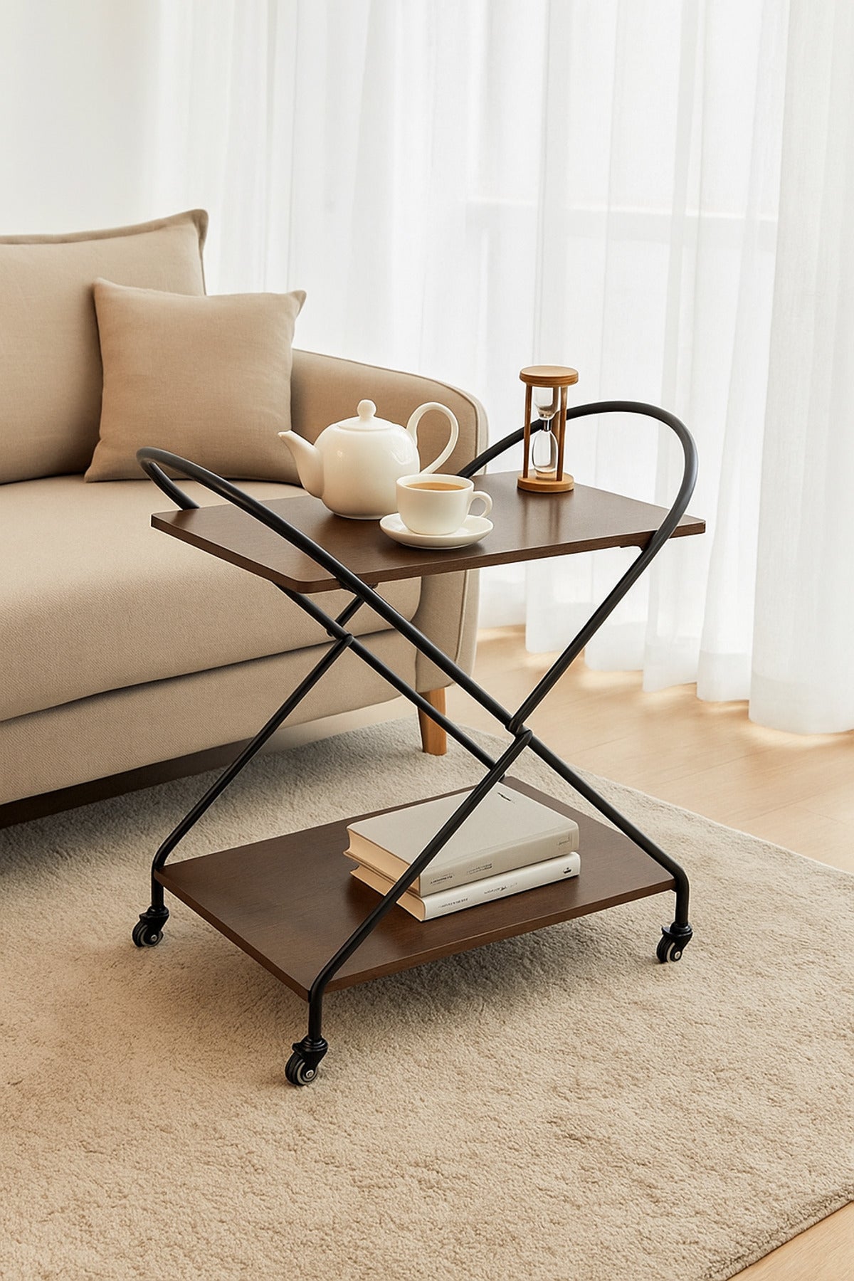 Coffee Brown Metal Serving Trolley Ð 2-Tier Bar Cart with Wheels 72_40_78 cm