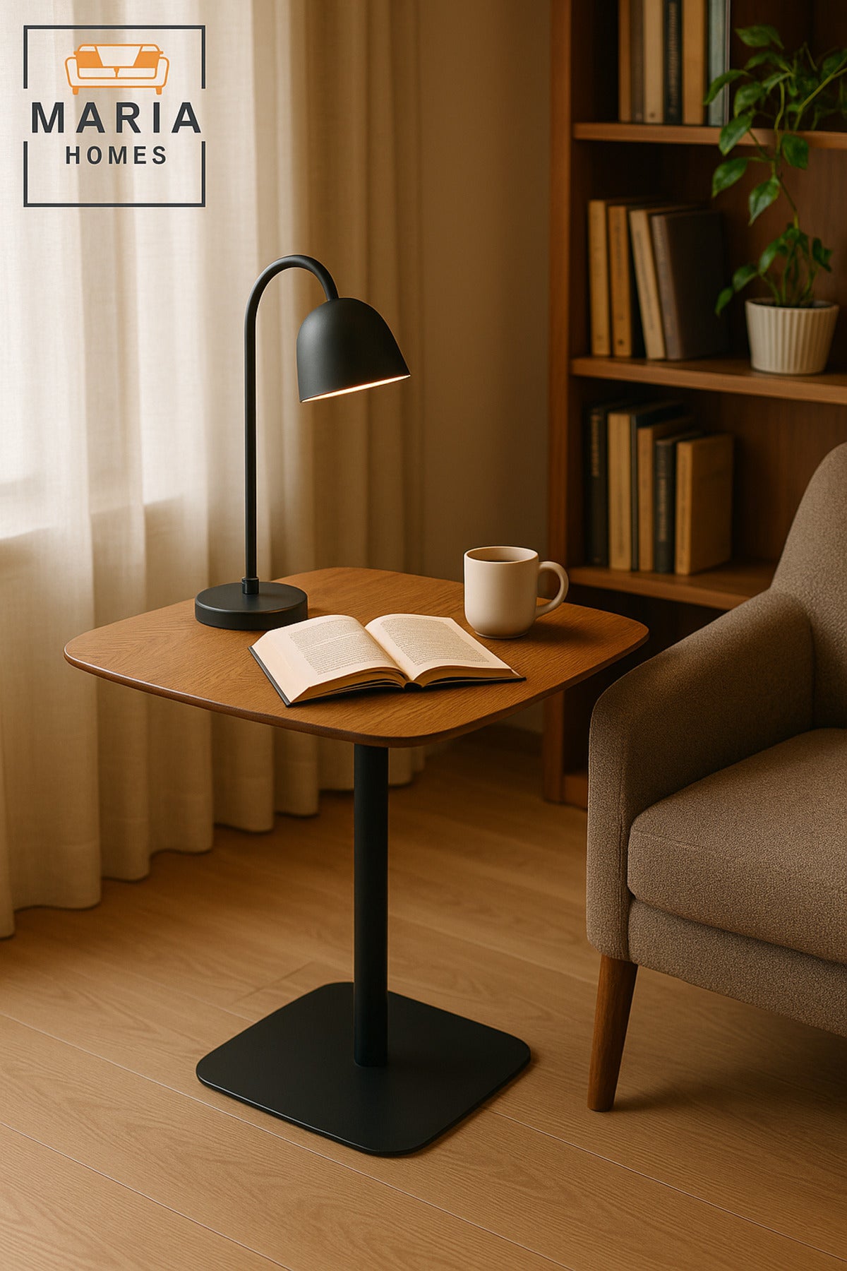 Modern Square CafŽ Table with Wooden Top and Black Base Ð 60x60x75cm