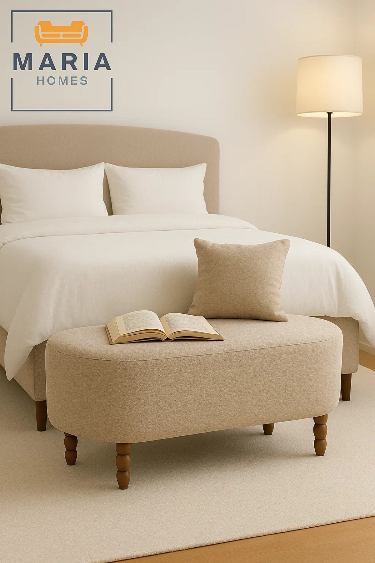 Large Oval Beige Ottoman with Wooden Turned Legs
