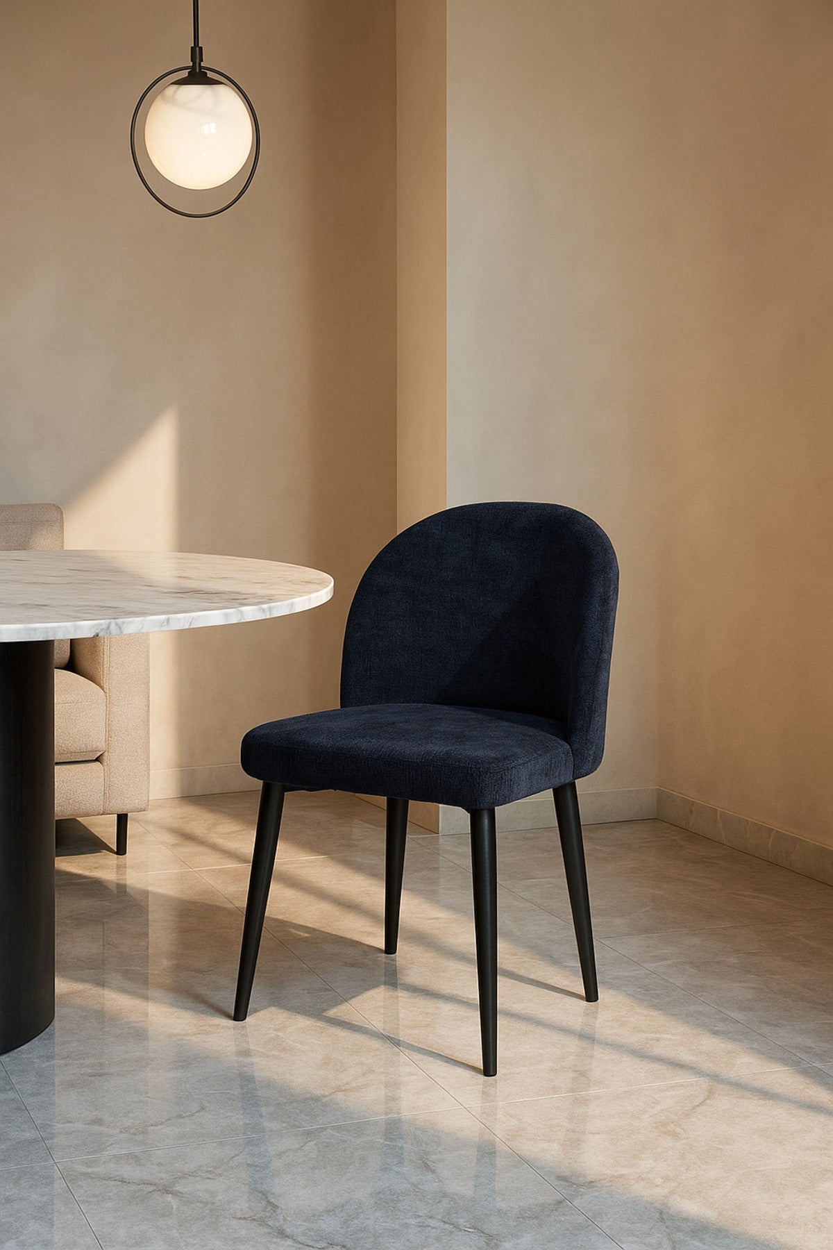 Blue Fabric Dining Chair Modern Upholstered Curved Back Chair with Black Metal Legs for Dining Room