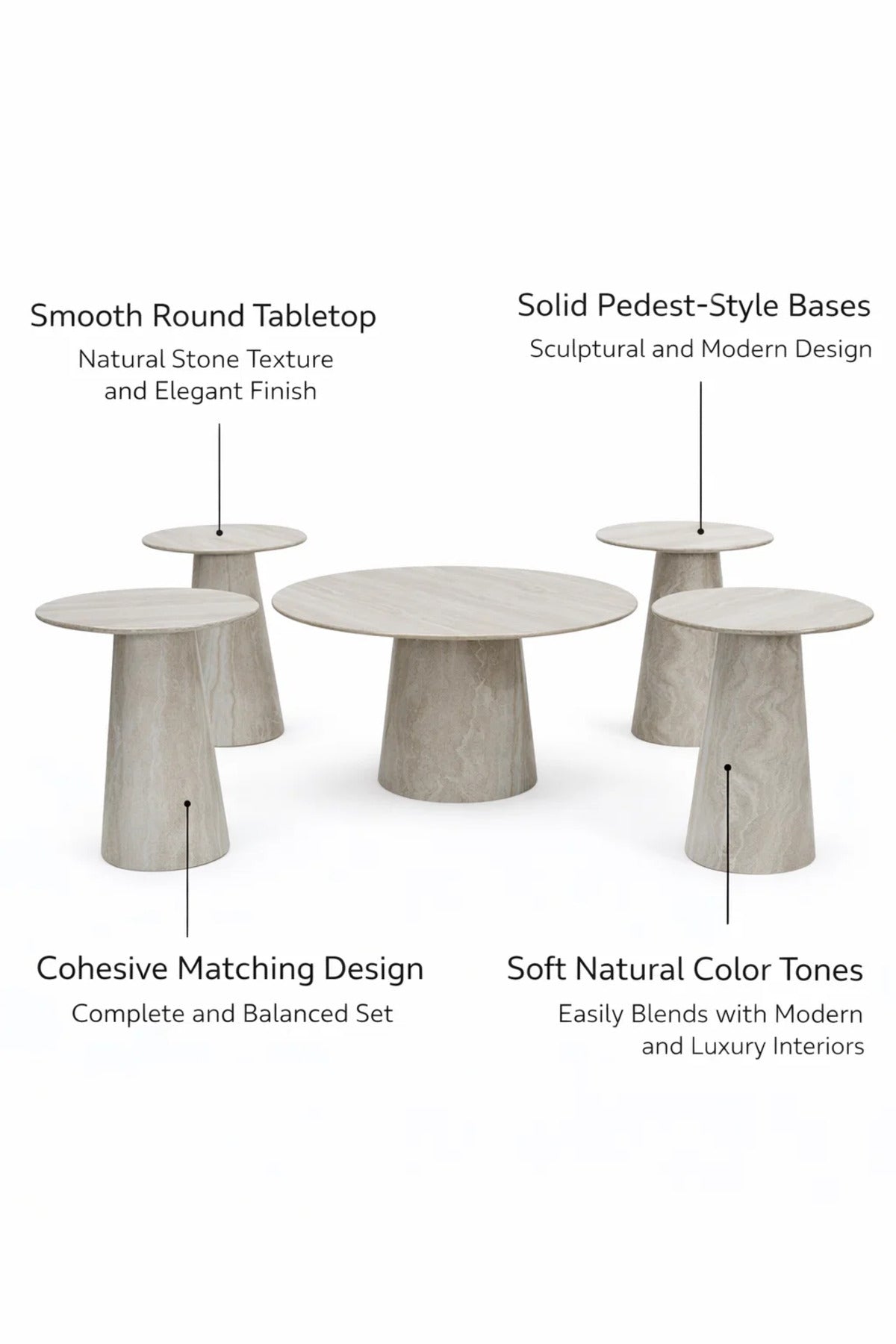 Premium 5-Piece Round Coffee Table Set with 4 Side Tables Marble Look for Modern Living Room
