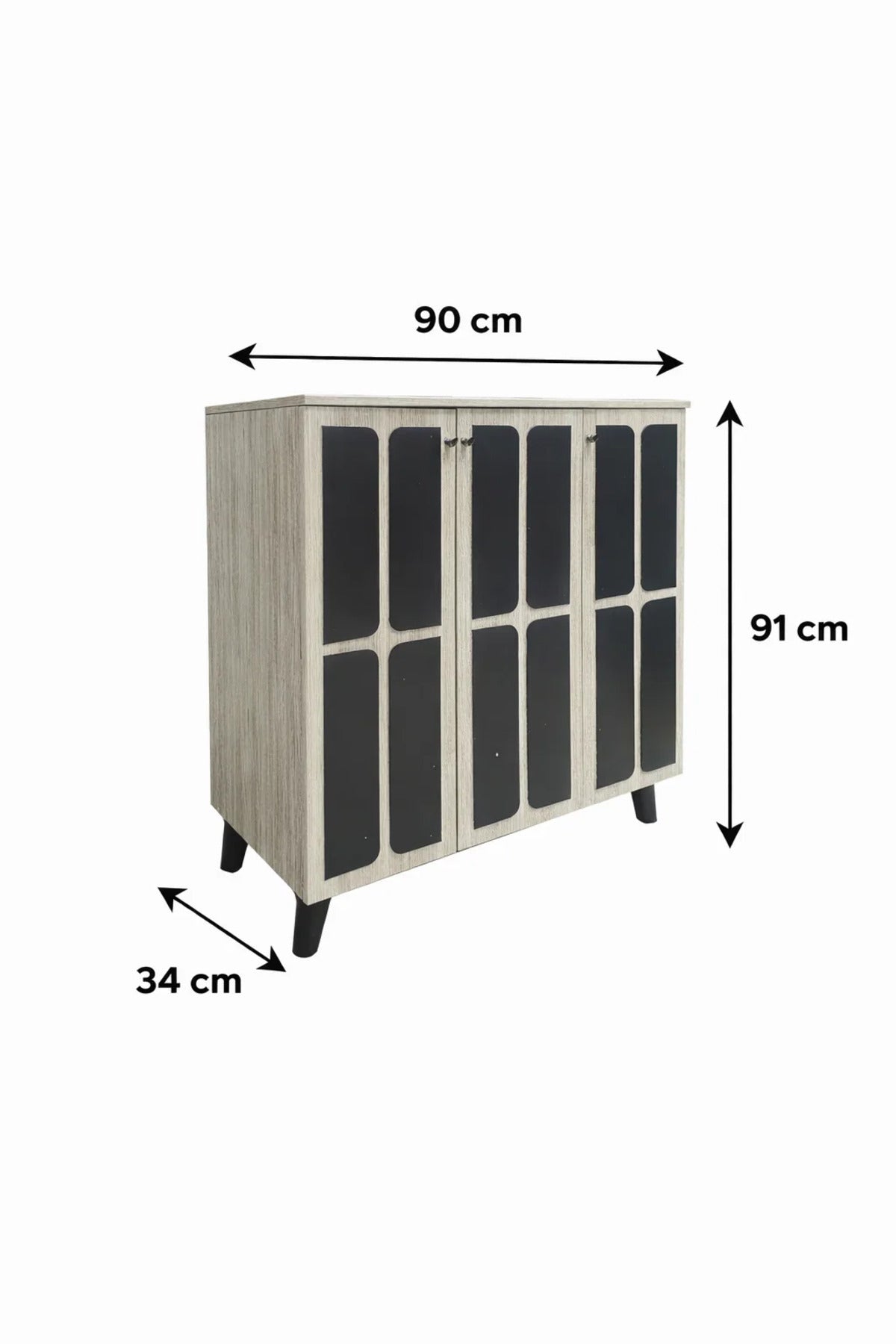 Stylish Beige and Black Shoe Cabinet Three Door Organizer Stand for Modern Entryway Home Decor