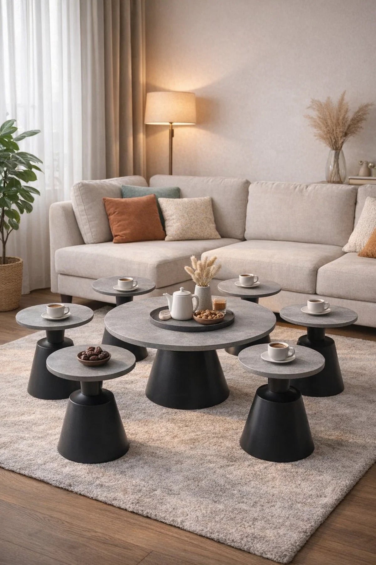 Modern Grey Round Coffee Table Set 1+6 Wood Top Black Cone Base Living Room Center Table Decor