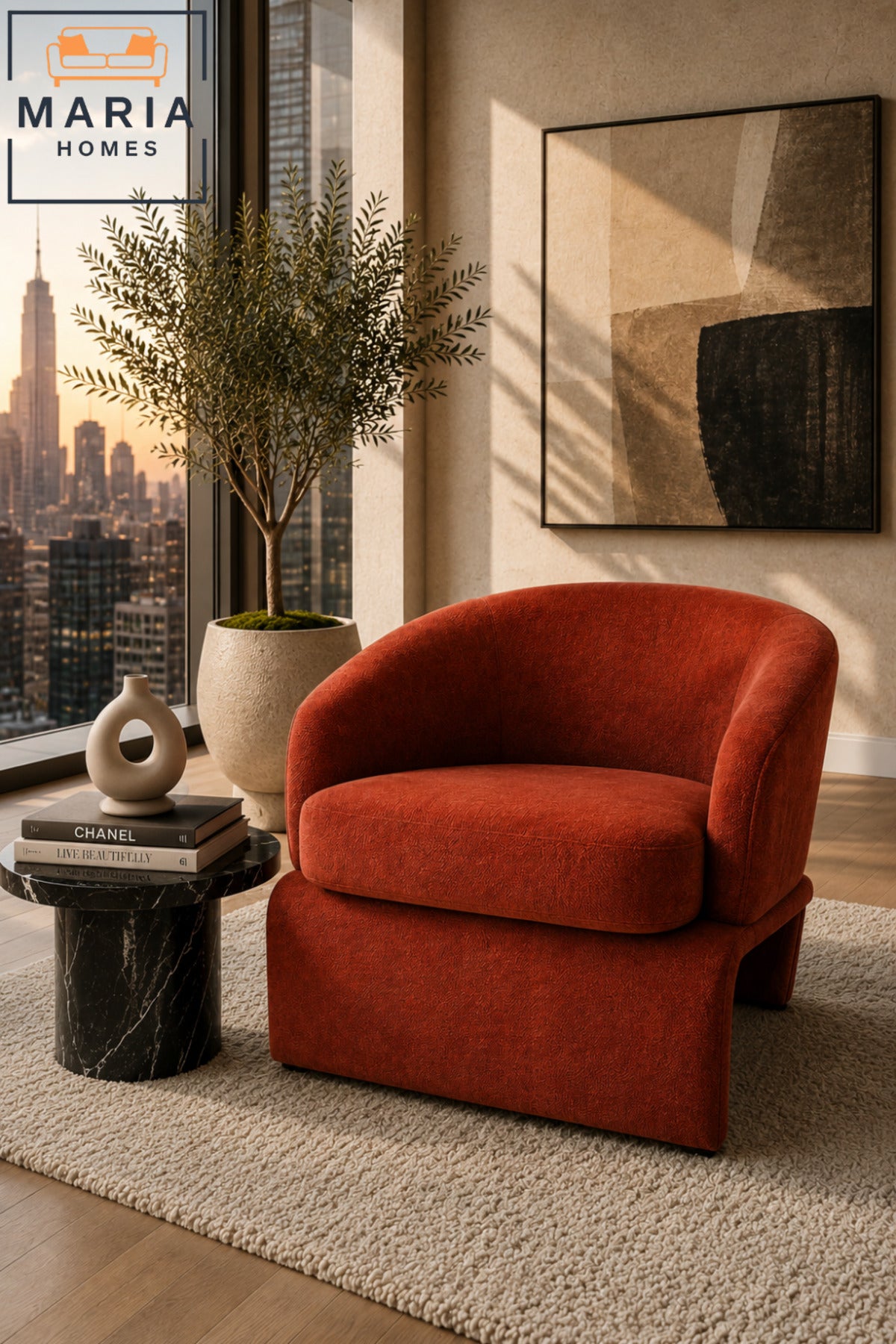 Orange Upholstered Barrel Accent Chair – Modern Lounge Chair for Living Room, Bedroom, Hotel & Reception Area
