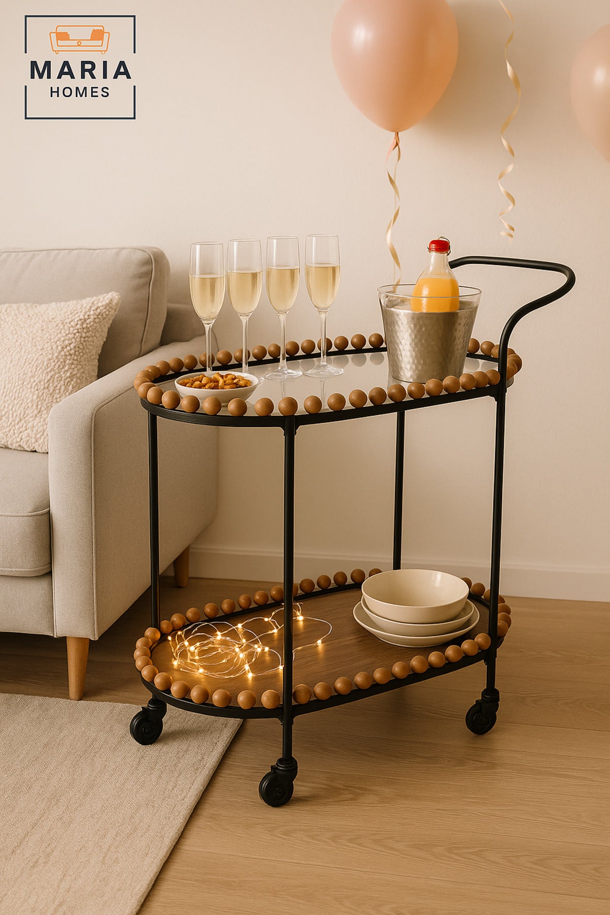 Brown & Black Oval Serving Trolley with Wooden Beads Ð 2-Tier Tea & Coffee Cart 70_40_84 cm