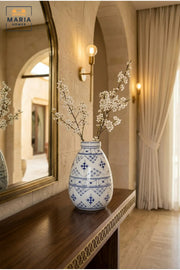 Blue and White Patterned Decorative Vase, Modern Ceramic Teardrop Flower Holder with Geometric Design for Living Room, Bedroom, Shelf and Table Décor