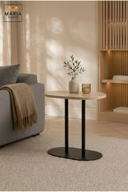 Modern Round Side Table with Marble-Effect Top & Pedestal Base, Contemporary End Table for Living Room, Bedroom, Office & Lounge