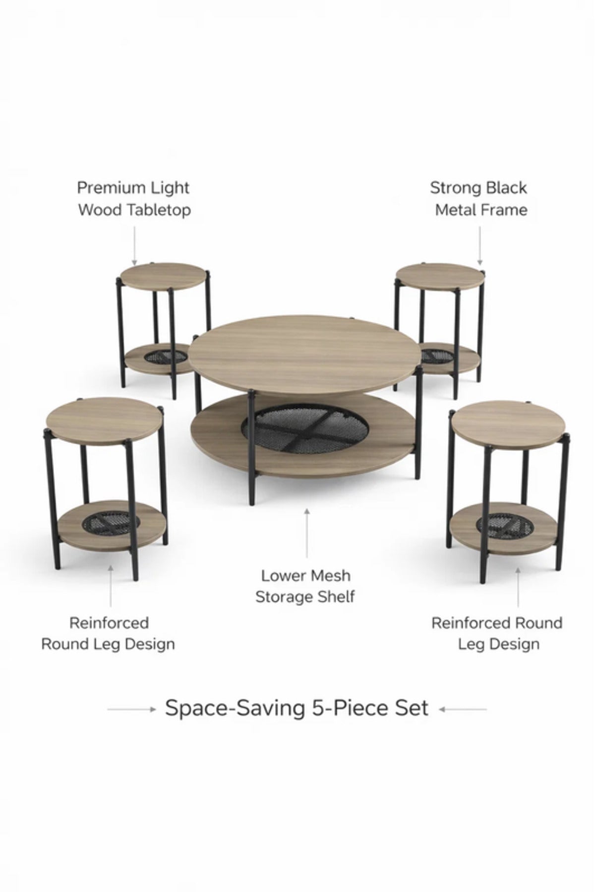 Modern 5-Piece D.GREY Concrete and Metal Coffee Table Set