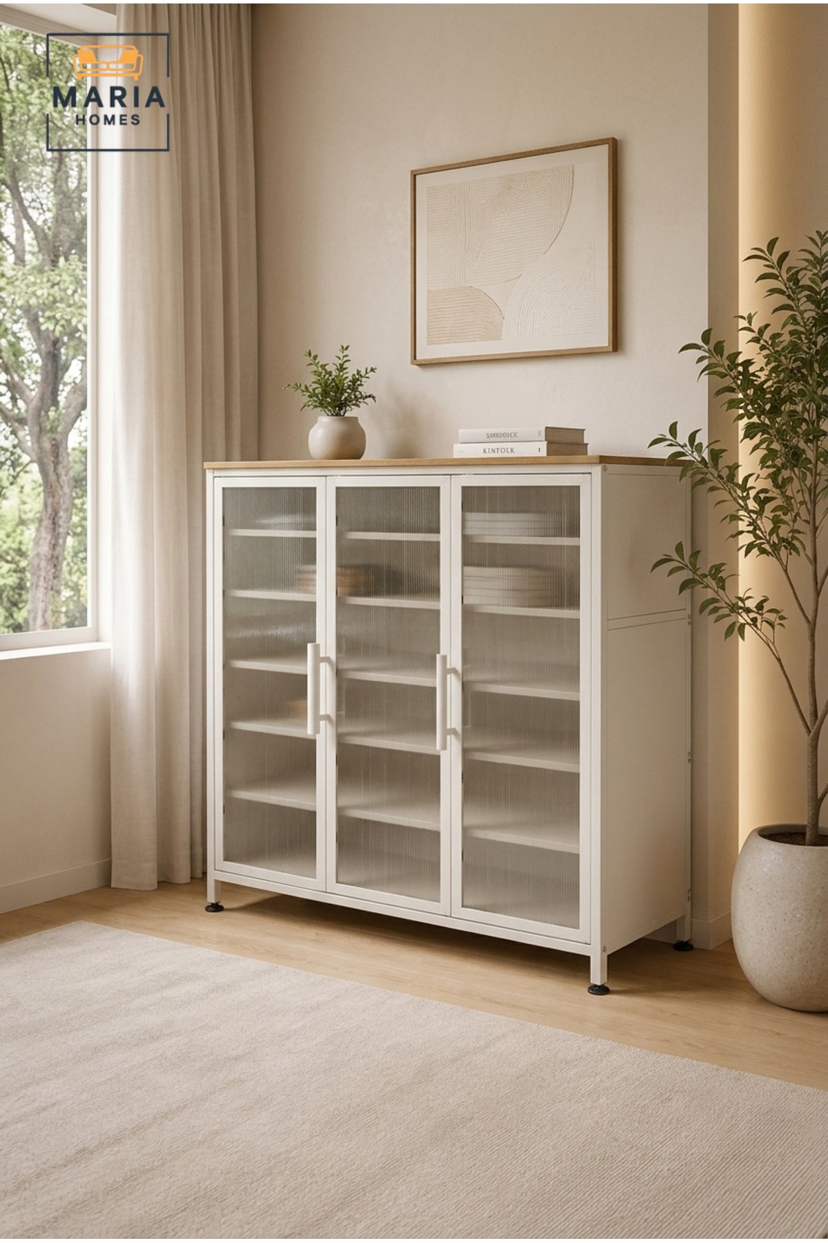 Modern Metal Storage Cabinet with Fluted Glass Doors √ê 3 Door Display Cabinet for Home & Office