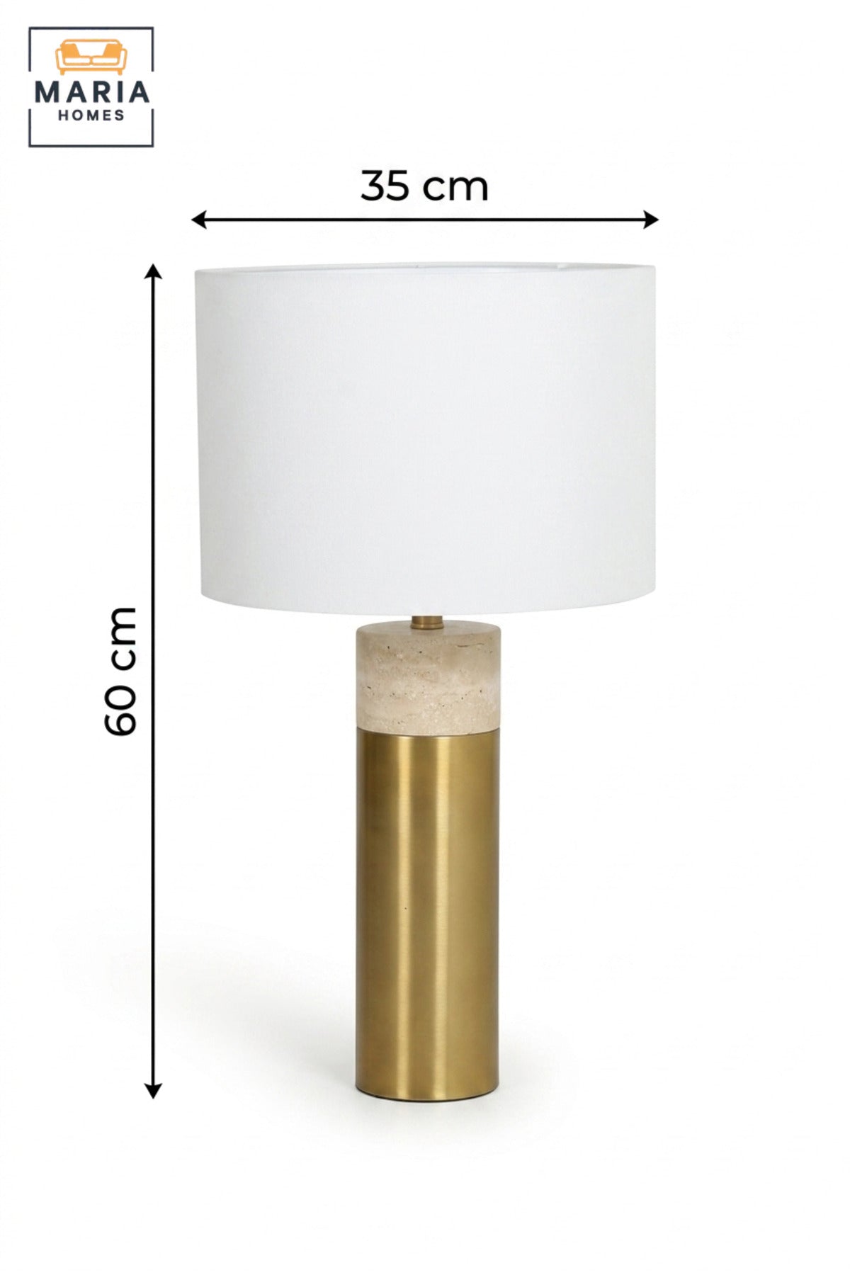 Modern Gold and Marble Table Lamp with White Drum Fabric Shade and Slim Cylindrical Base for Bedroom, Living Room, Office, Hotel and Bedside Décor