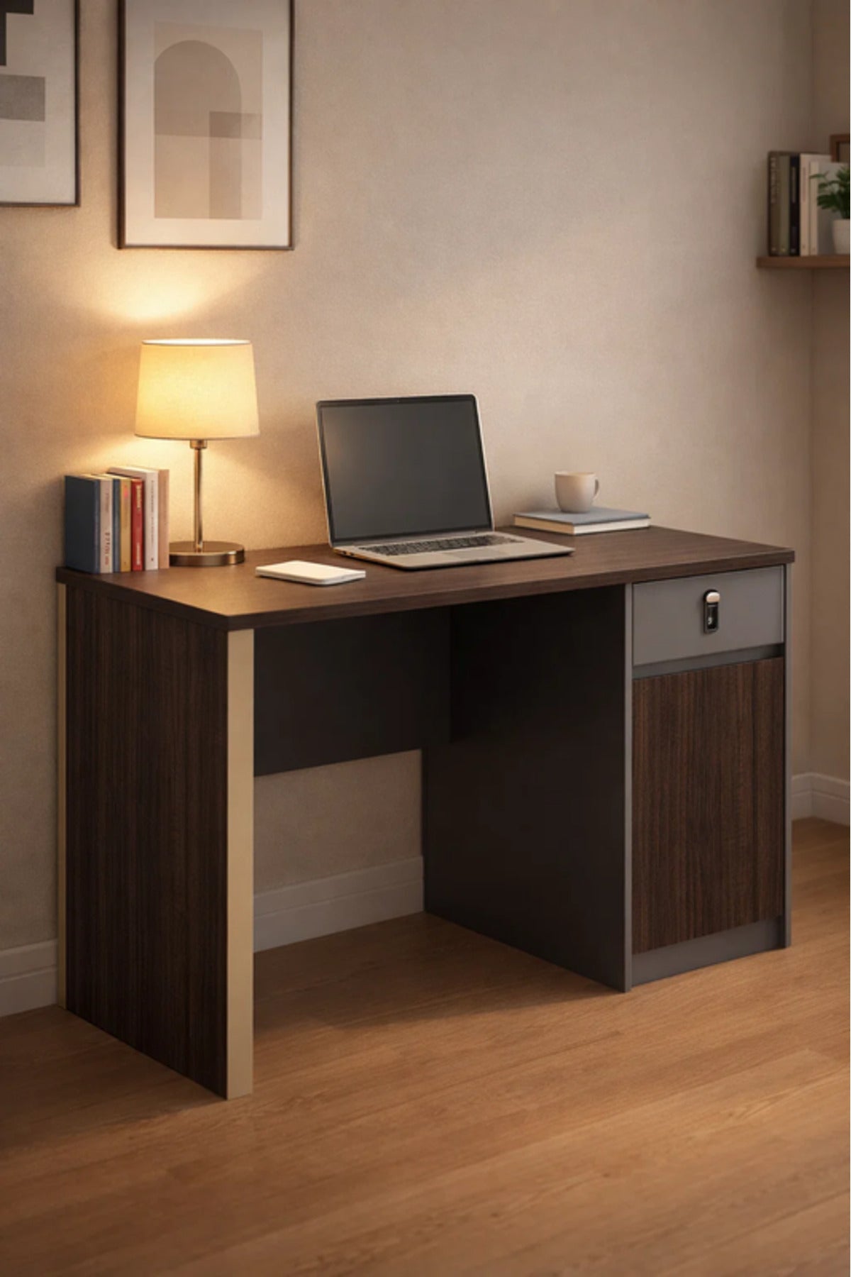 Modern Dark Brown Office Desk with Storage and Lockable Drawer