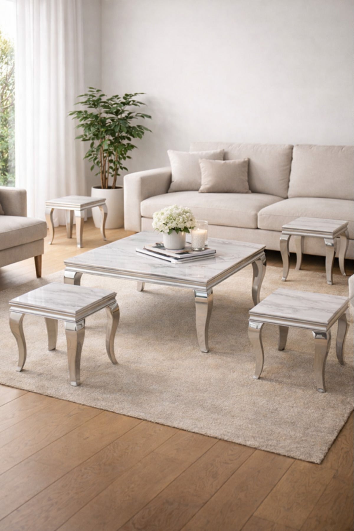 Silver Marble Style Coffee Table Set with 4 Side Tables silver marble style Center