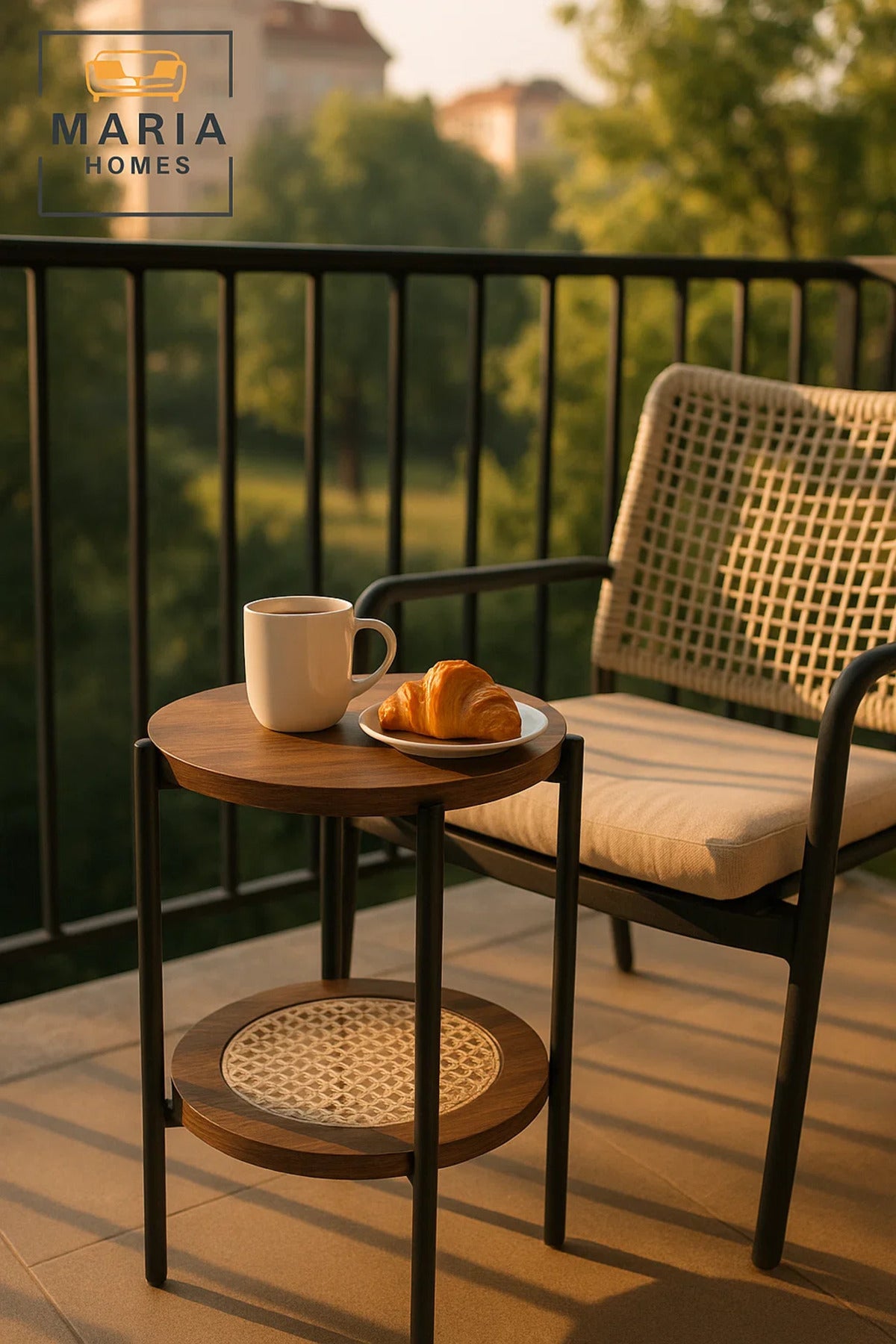 Modern Brown Side Table √ê Round Coffee Table with Rattan Storage Shelf 40_40_55 cm