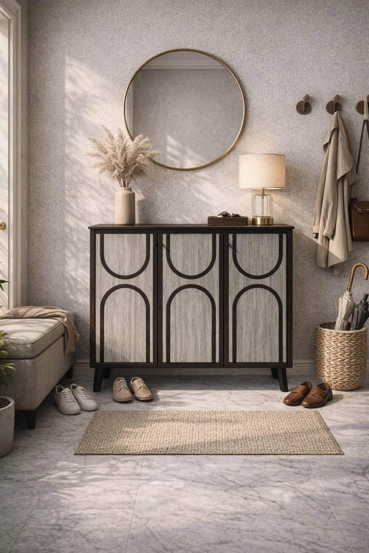 Modern 3-Door Wooden Shoe Cabinet Entryway Storage Organizer Rack Stand with Stylish Grey Design