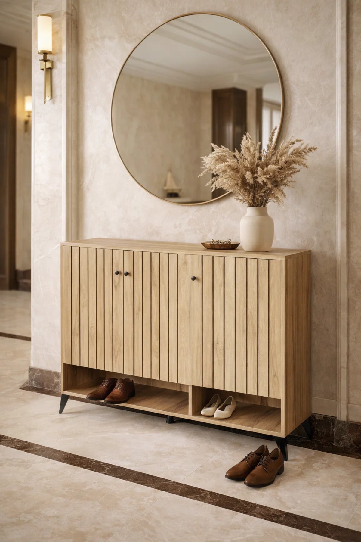 Stylish Wooden Shoe Cabinet Entryway Organizer with Slatted Doors and Metal Legs for Home Decor