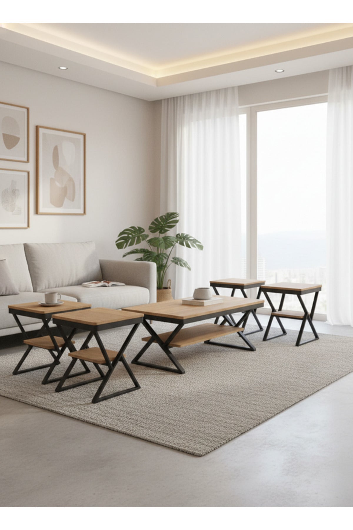 Modern 5-Piece WOOD Center Table Set with Metal Frame and Wood Finish