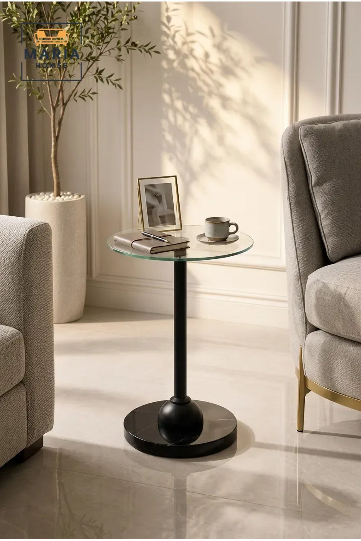 Modern Glass Top Side Table with Black Marble-Effect Base and Metal Support