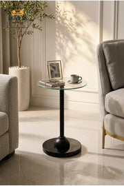 Modern Glass Top Side Table with Black Marble-Effect Base and Metal Support
