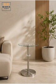 Modern Glass Accent Side Table √ê Round End Table with Brushed Metal Base for Living Room, Bedroom & Lounge