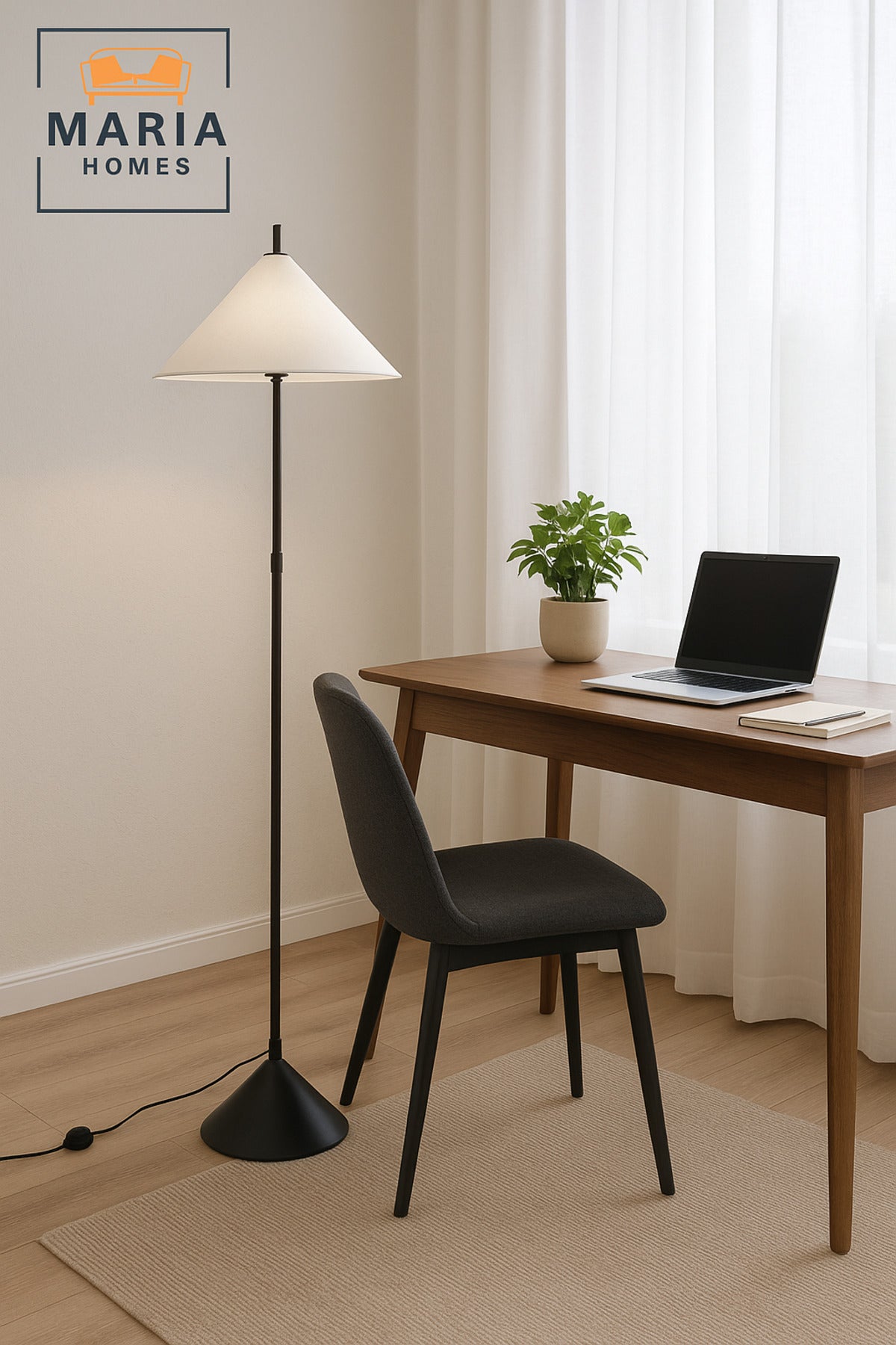 Modern Black Floor Lamp with White Conical Shade Ð Minimalist Standing Light