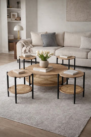 Modern 5-Piece Round Nesting Coffee Table Set with Wood Top and Rattan Shelf for Living Room