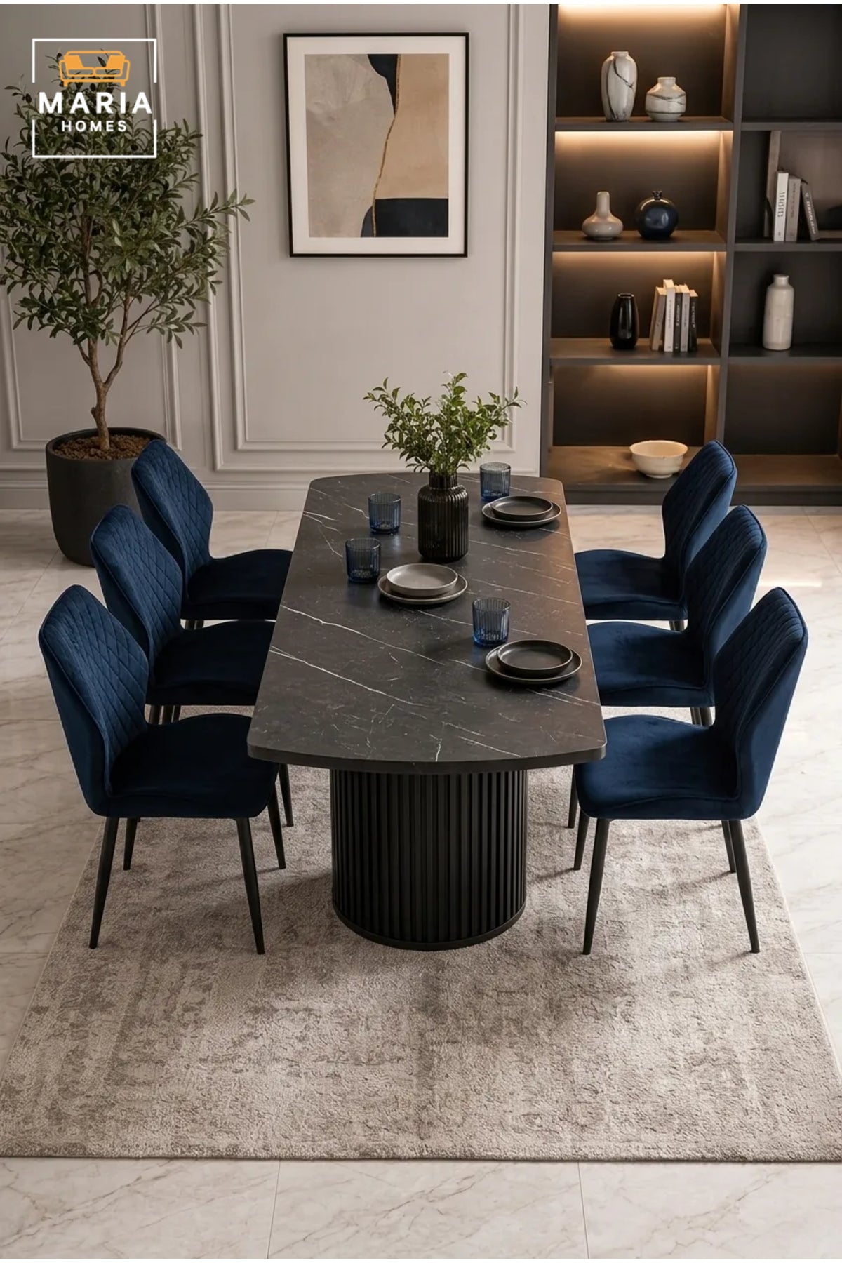 Navy Blue Velvet Dining Chair with Diamond Quilted Backrest √ê Modern Upholstered Dining Chair with Black Metal Legs for Dining Room, Kitchen & Caf≈Ω