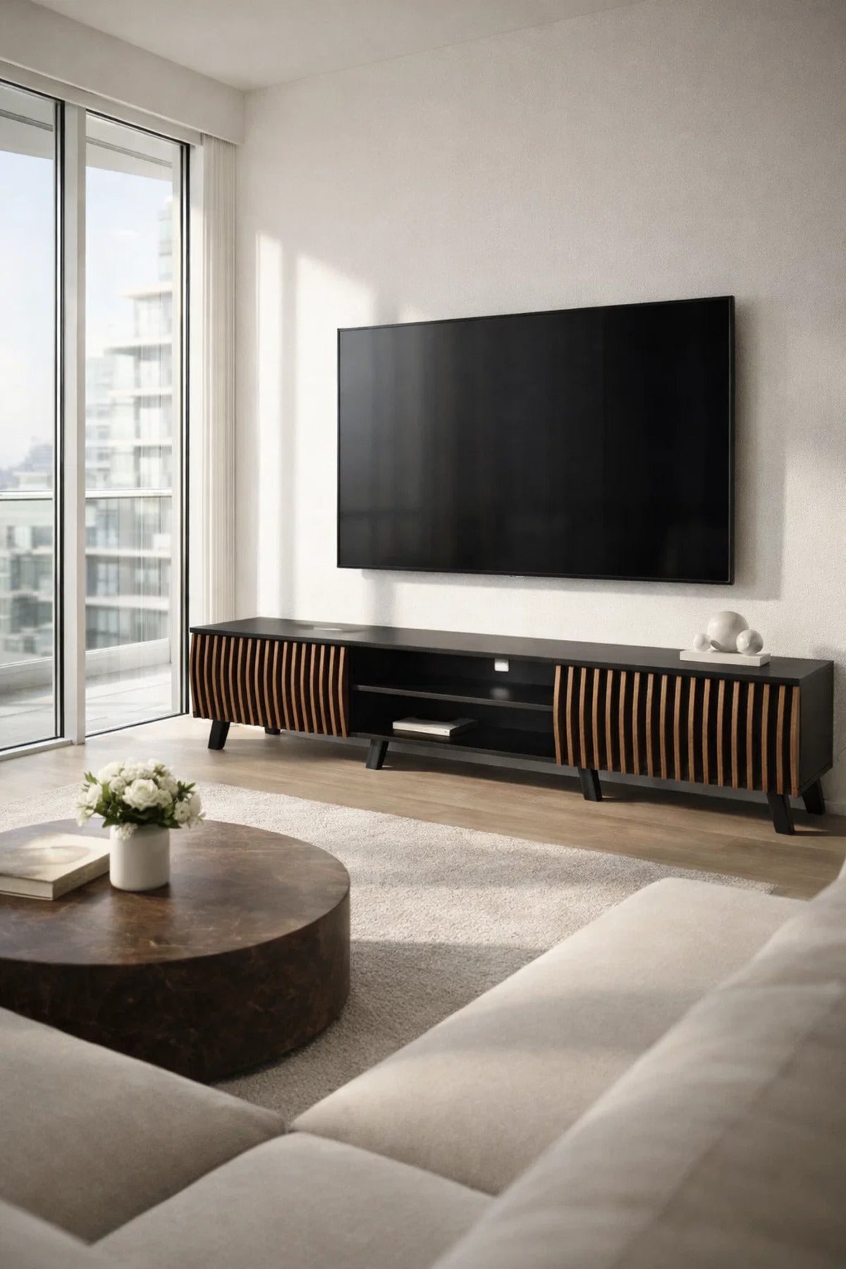 Modern Wooden TV Stand Black and Dark Brown with Slatted Design 180 x 40 x 43 cm