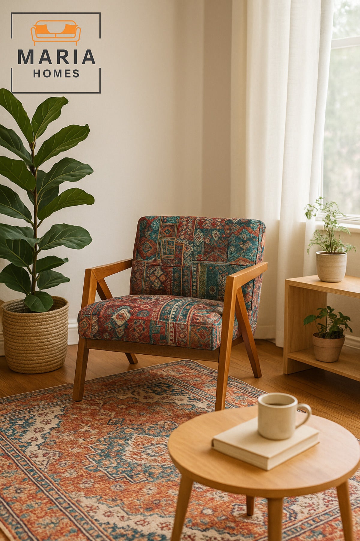 Vintage Patchwork Lounge Chair Ð Mid-Century Wooden Armchair for Living Room
