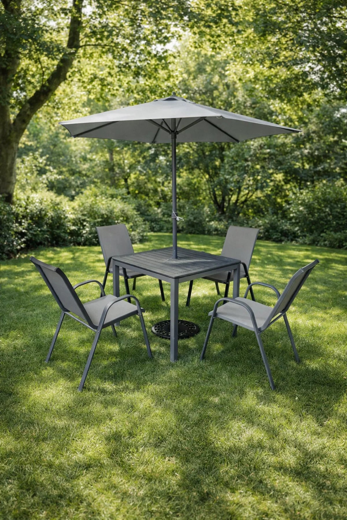 Premium 5-Piece Garden Dining Set with Umbrella Square Metal Table and Chairs Grey Patio Kit
