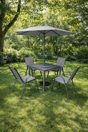 Premium 5-Piece Garden Dining Set with Umbrella Square Metal Table and Chairs Grey Patio Kit