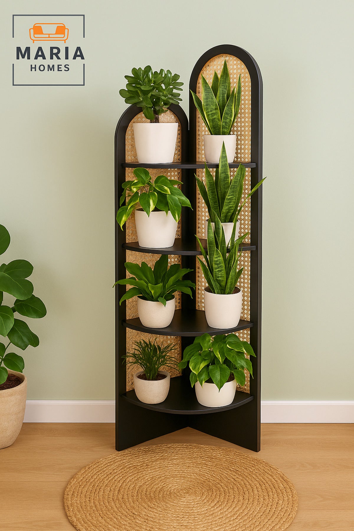 Black Rattan Corner Shelf Ð 180_40_40 cm Modern Space-Saving Display Rack