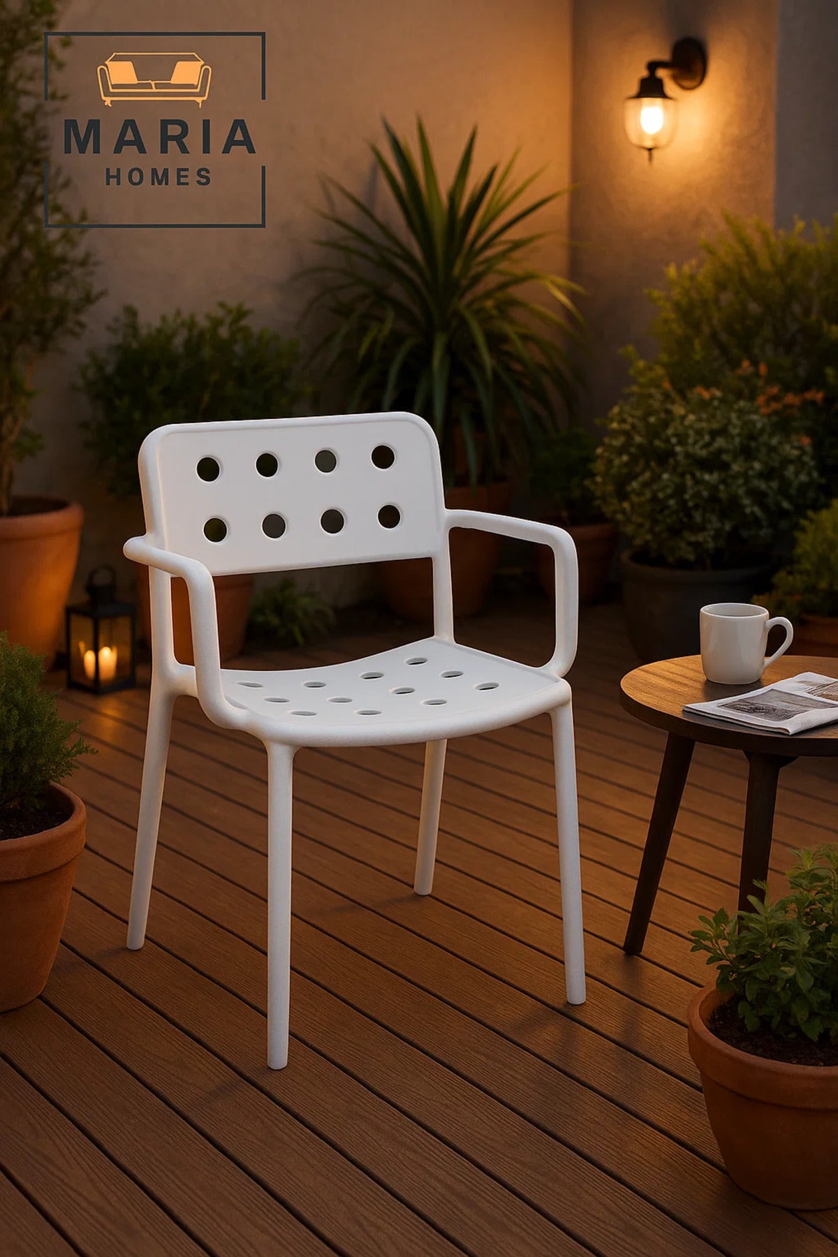 Modern White Plastic Armchair with Perforated Back and Seat