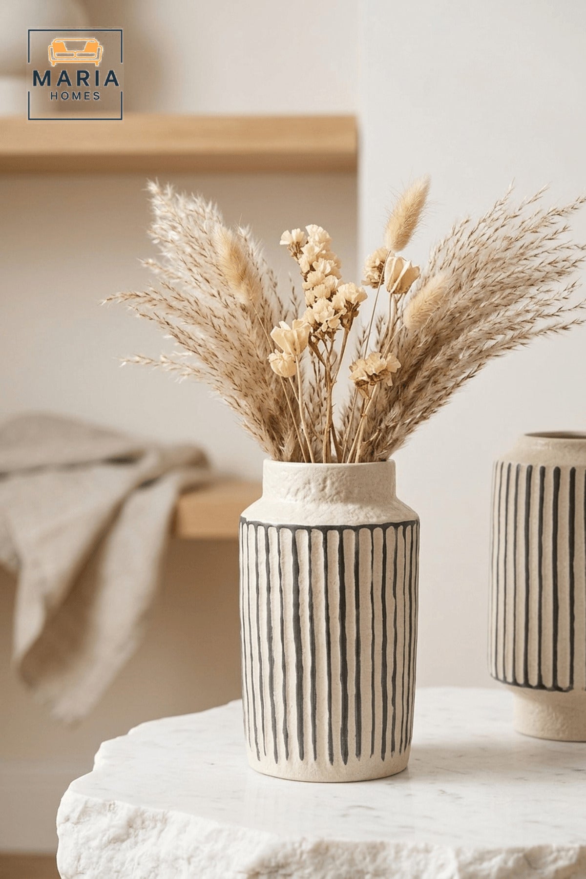 Decorative Ceramic Vase with Beige Body and Black Vertical Stripe Design for Home Decor