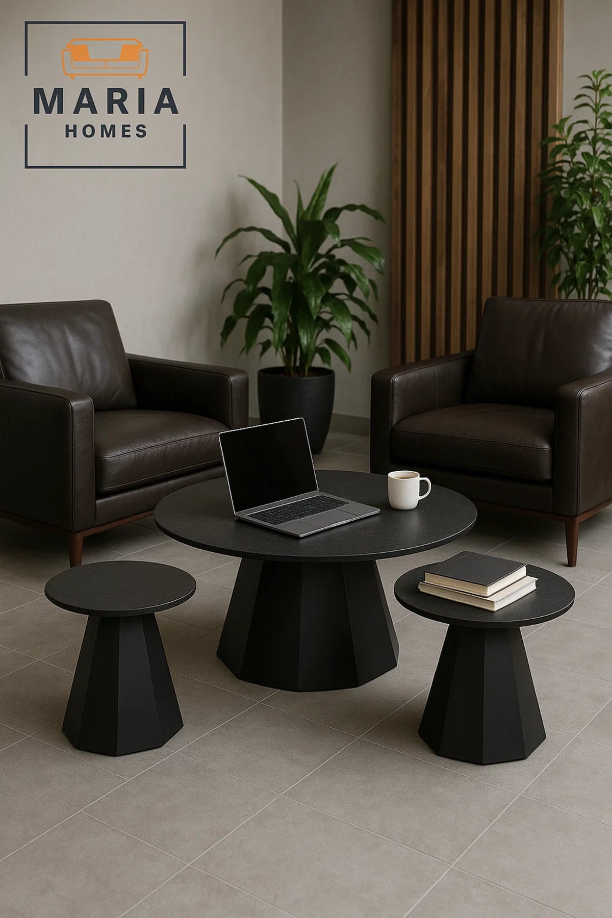 3-Piece Modern Black Cone Base Coffee Table Set