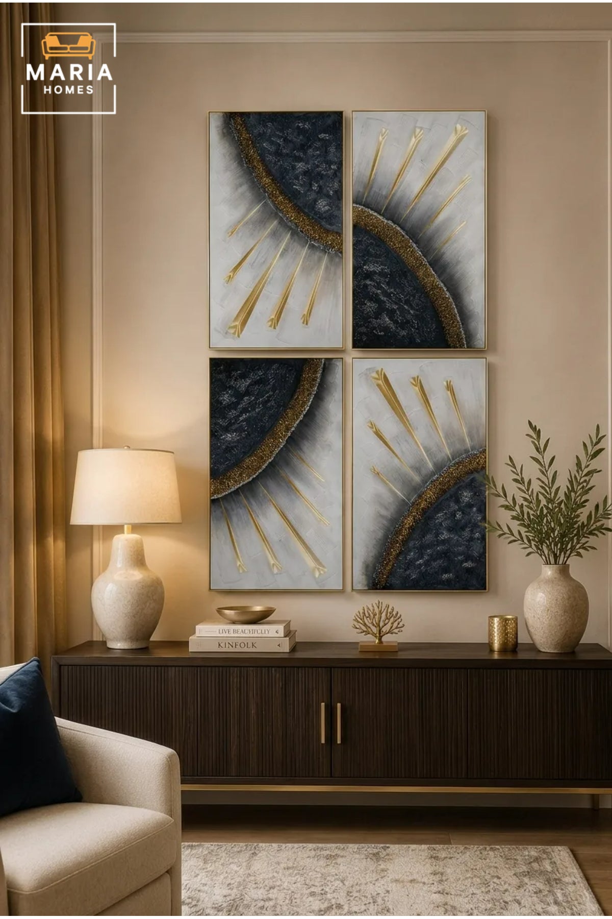 Luxury Abstract Framed Wall Art Set of 4 Ð Black, White & Gold Modern Geometric Painting for Living Room, Bedroom, Hallway & Office DŽcor