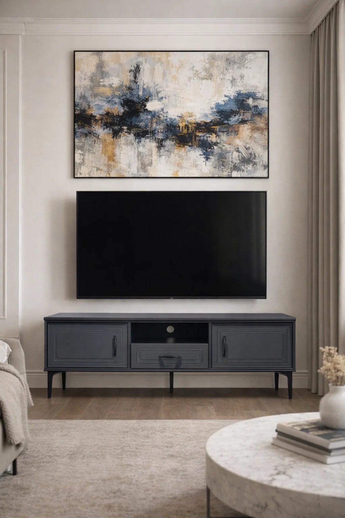 Dark Grey TV Stand √ê 140x40x46 cm Modern Wooden Plasma Table with Storage Cabinets