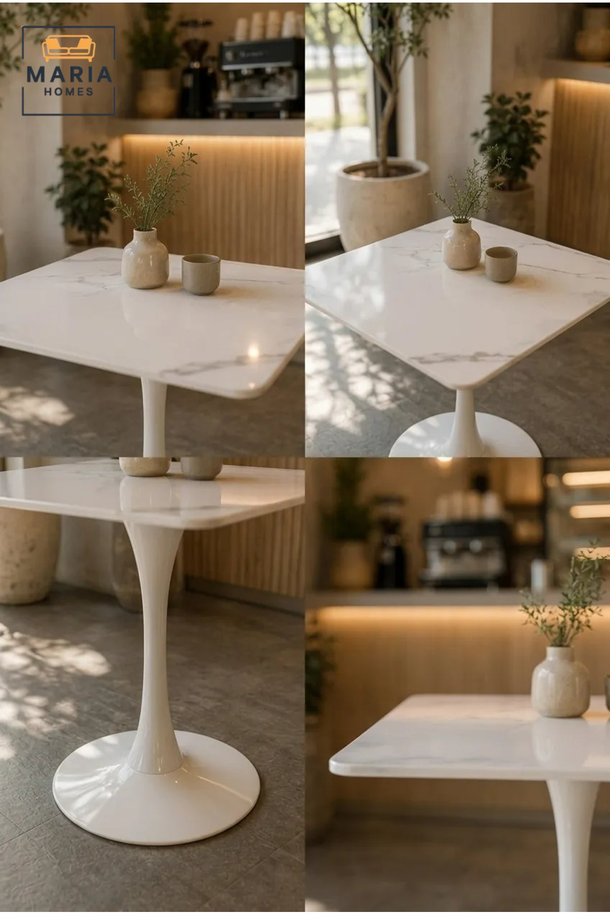 Modern Square Marble Bistro Table with White Pedestal Base for Cafe Dining Furniture
