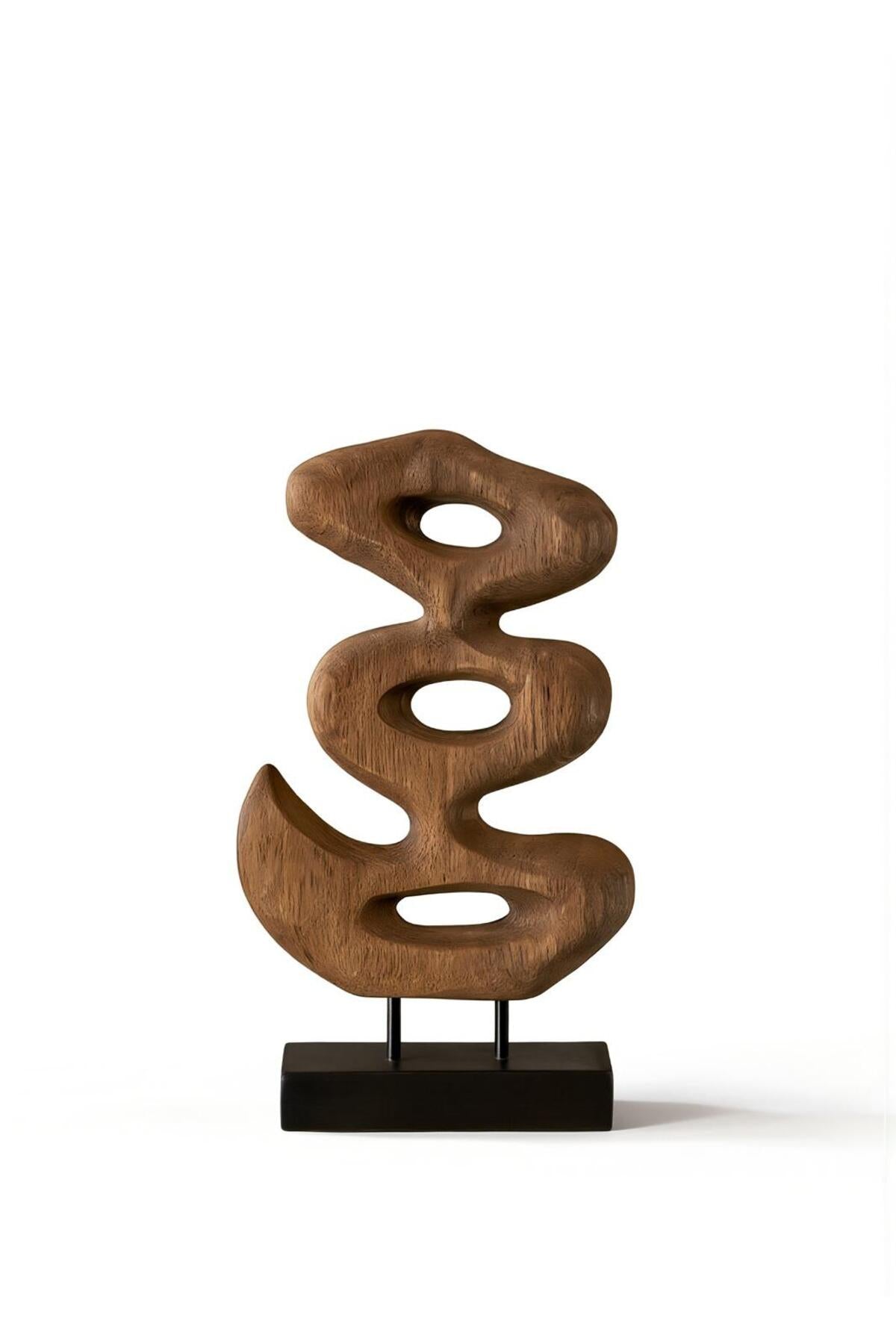 Walnut and Black Wooden Abstract Decorative Sculpture on Stand √ê Modern Art Accent