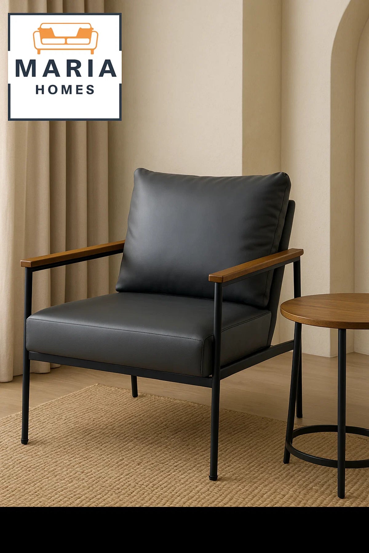 Dark Grey Faux Leather Armchair Ð Modern Accent Chair with Wood Armrests and Black Steel Frame